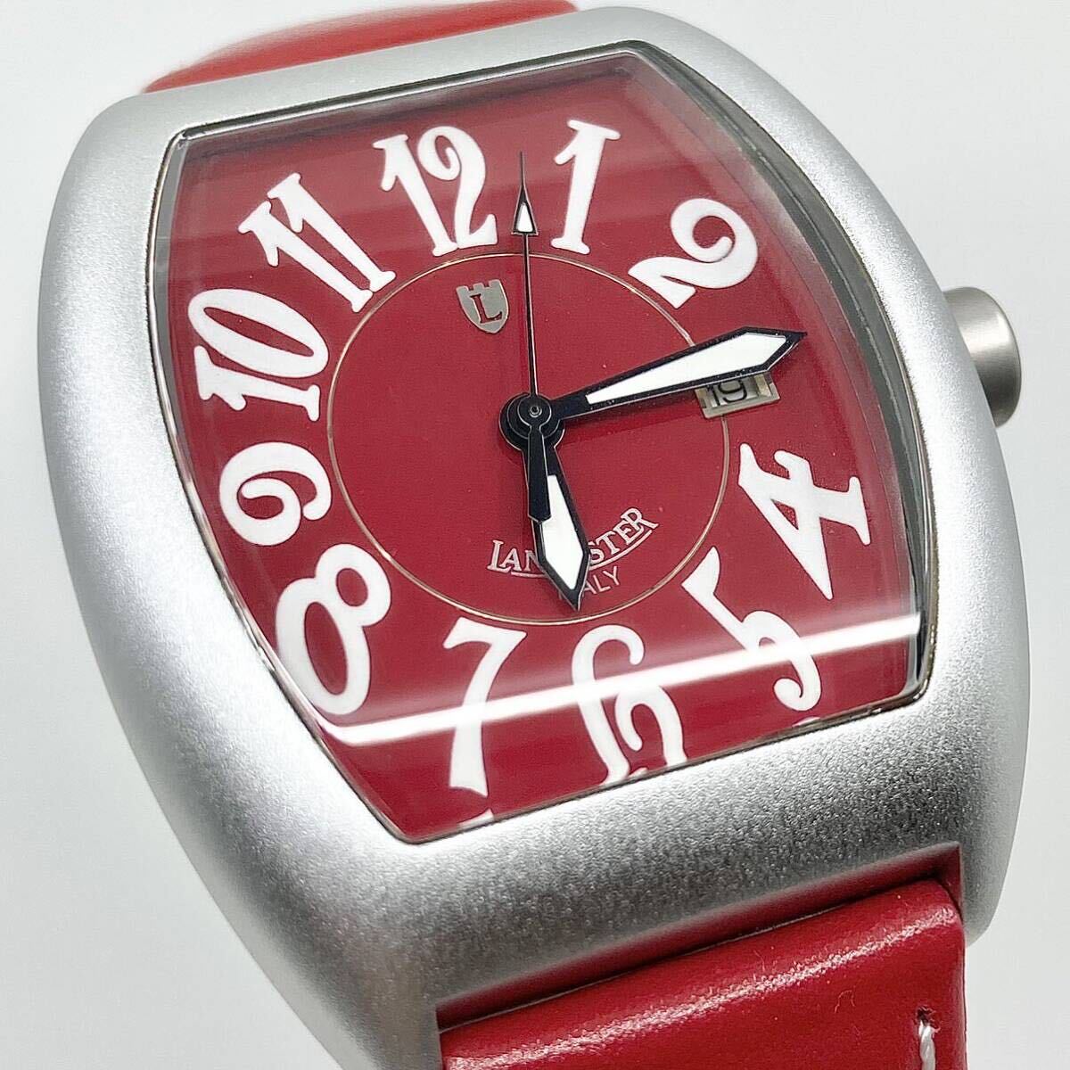 箱付き 未使用 LANCASTER Italy 腕時計 デイト トノー アラビアン 3針 クォーツ quartz レッド シルバー 赤 銀 ランカスター Y659_画像5