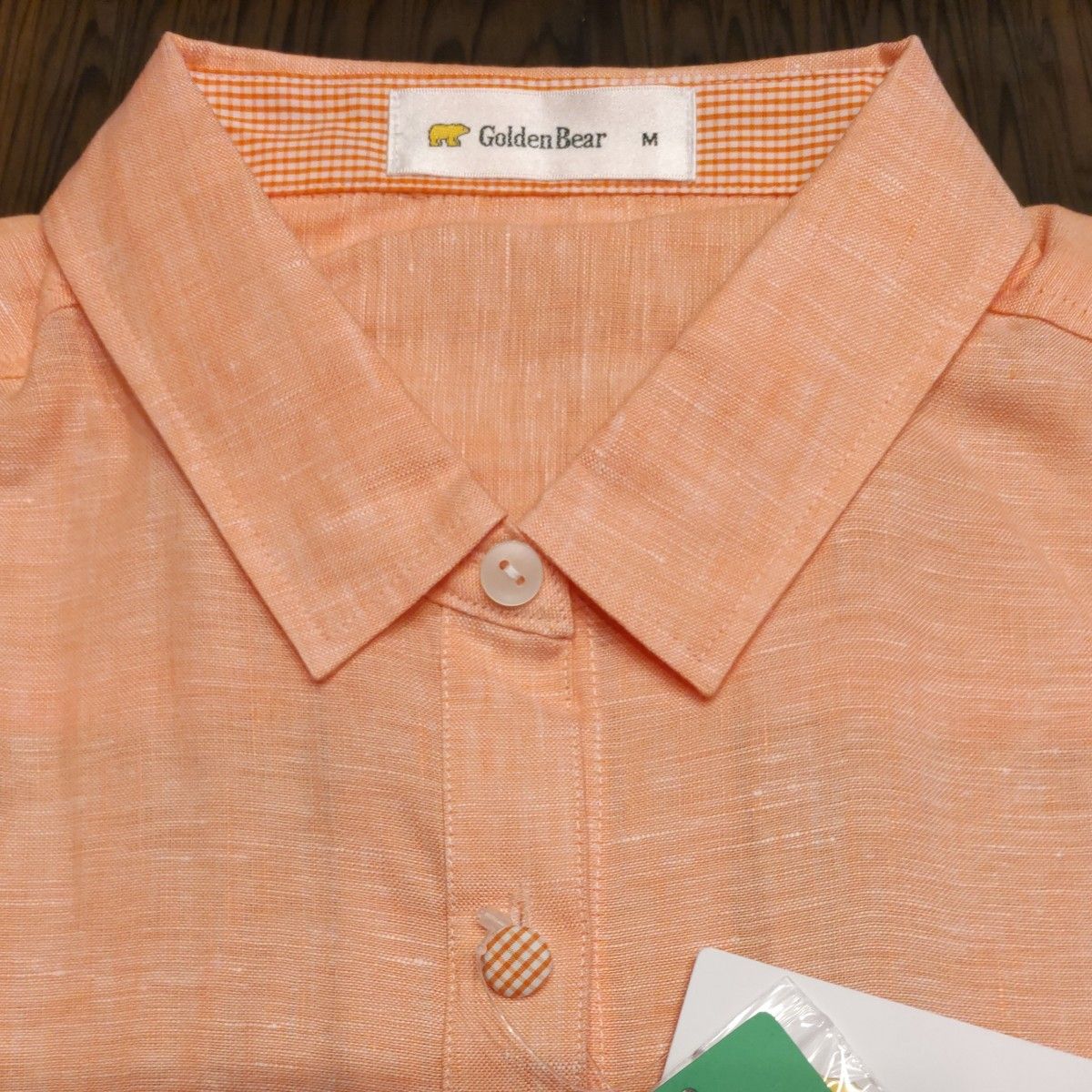 【未使用】Golden Bear 麻100%オレンジ色の半袖シャツ