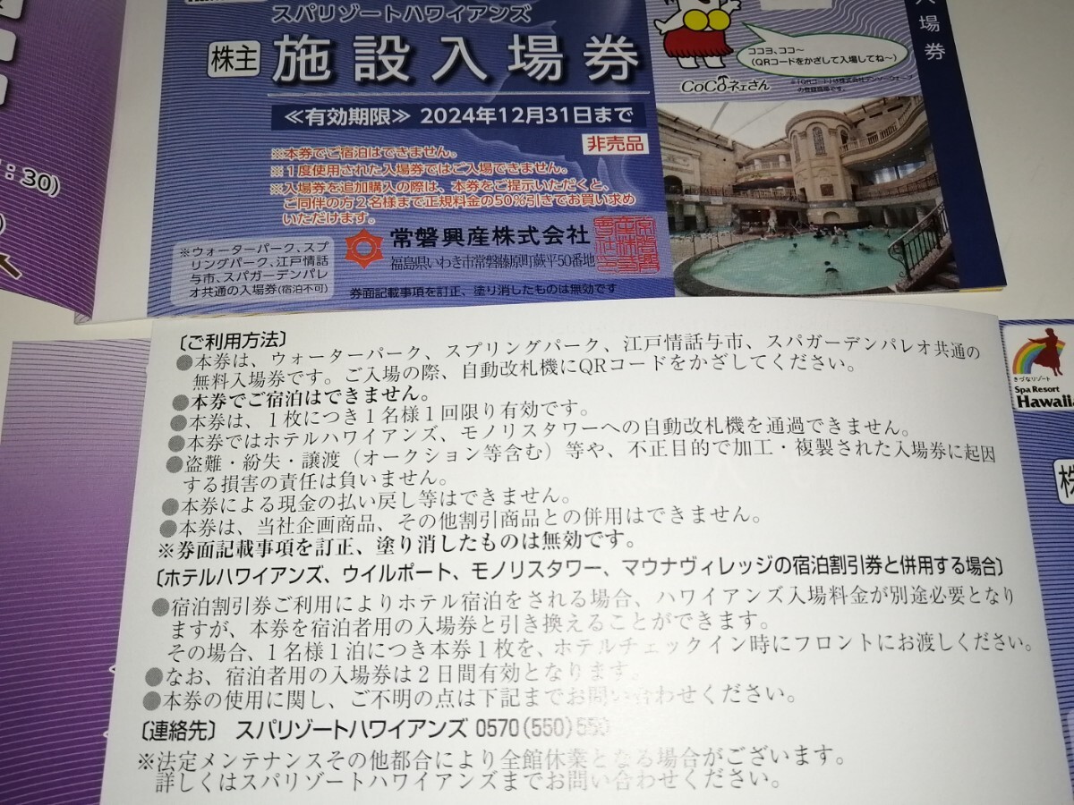 即決 常磐興産 株主優待 スパリゾートハワイアンズ 施設入場券 1枚 有効期限2024.12.31 ウォーターパーク スプリング スパガーデンパレオ_画像1