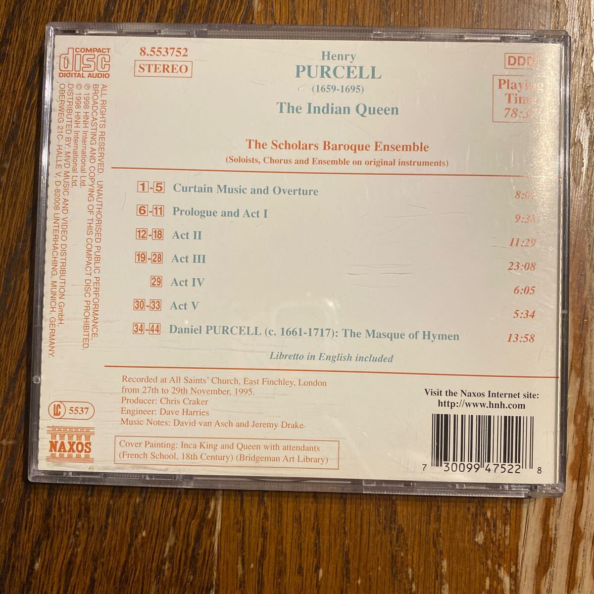 中古CD ヘンリー パーセル 歌劇 インドの女王 スコラーズ・バロック・アンサンブル PURCELL The Indian Queen NAXOS _画像2