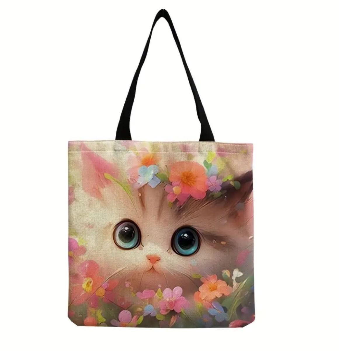 かわいい猫柄ショルダーバッグ、軽量オールマッチショッピングハンドバッグ、多用途の日常使いバッグ