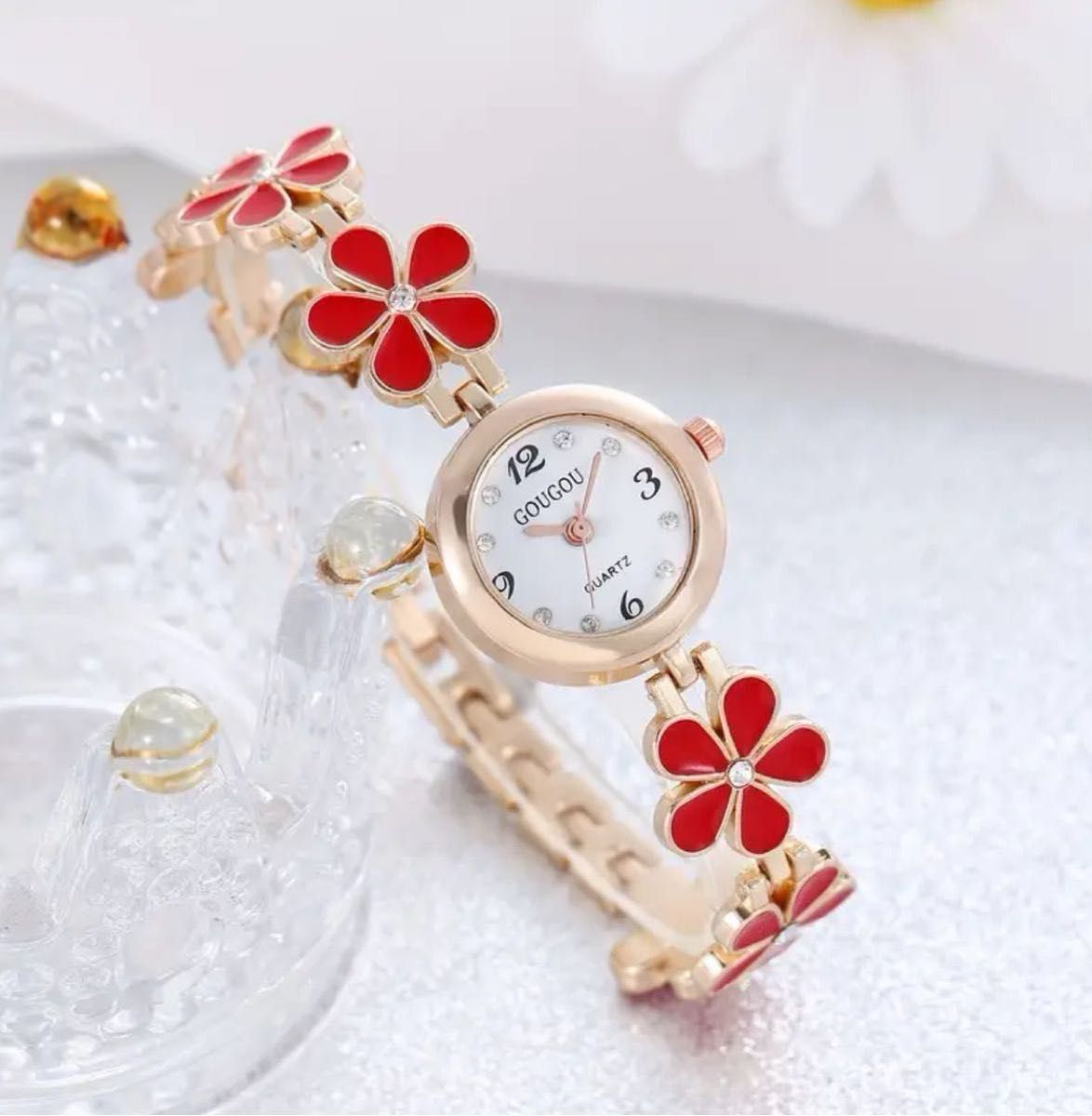 可愛い花のラインストーンクオーツウォッチエレガントなファッションアナログブレスレット腕時計女性用