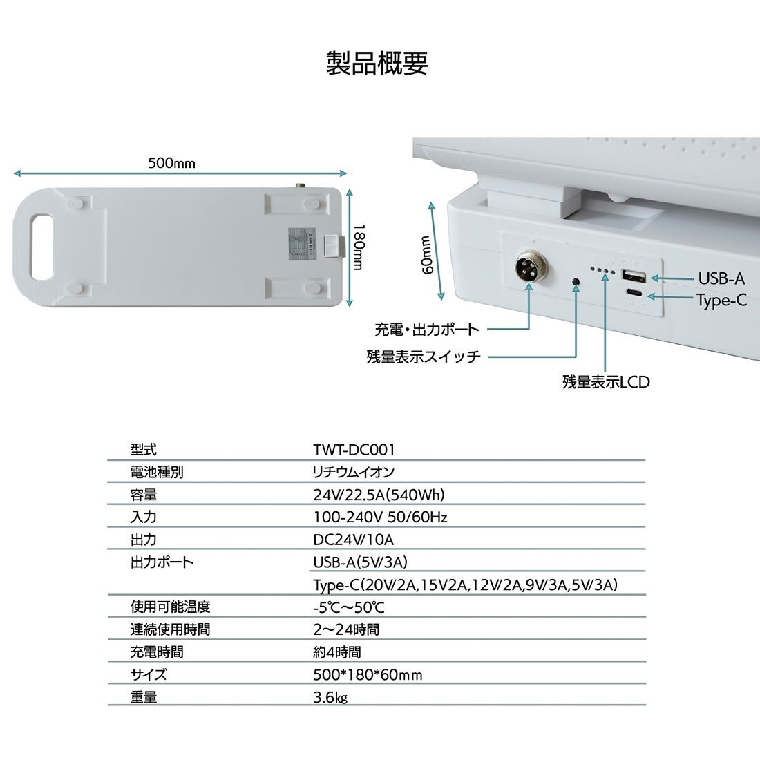 SUNGA ポータブルクーラー ECOOL専用バッテリー TWT-DC001 24V/22.5A(540Wh) 小型 エアコン 冷風機_画像4