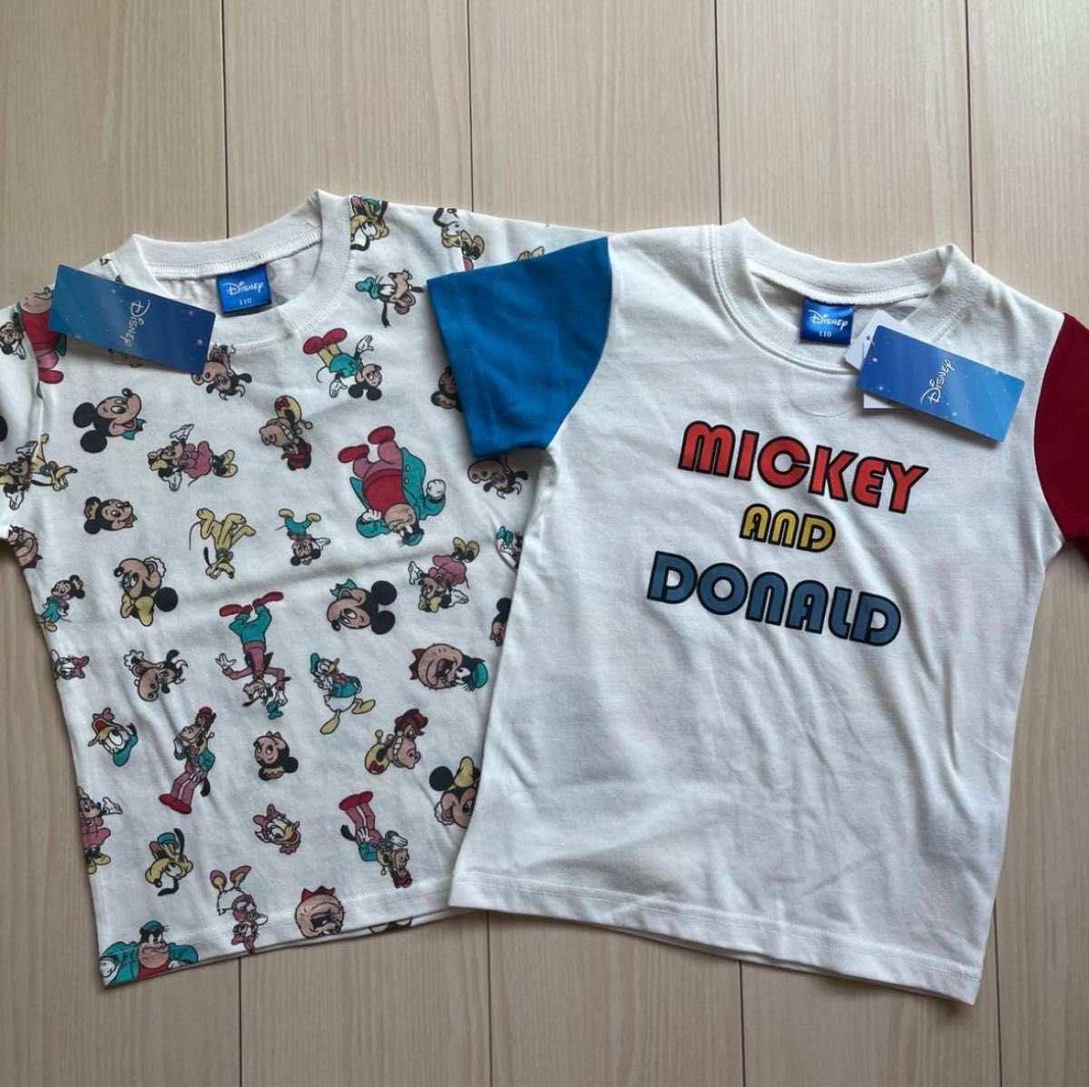 【Disney】ディズニー 総柄☆ミッキー・ドナルド袖切り替え キャラクター Tシャツ 2点セット 110
