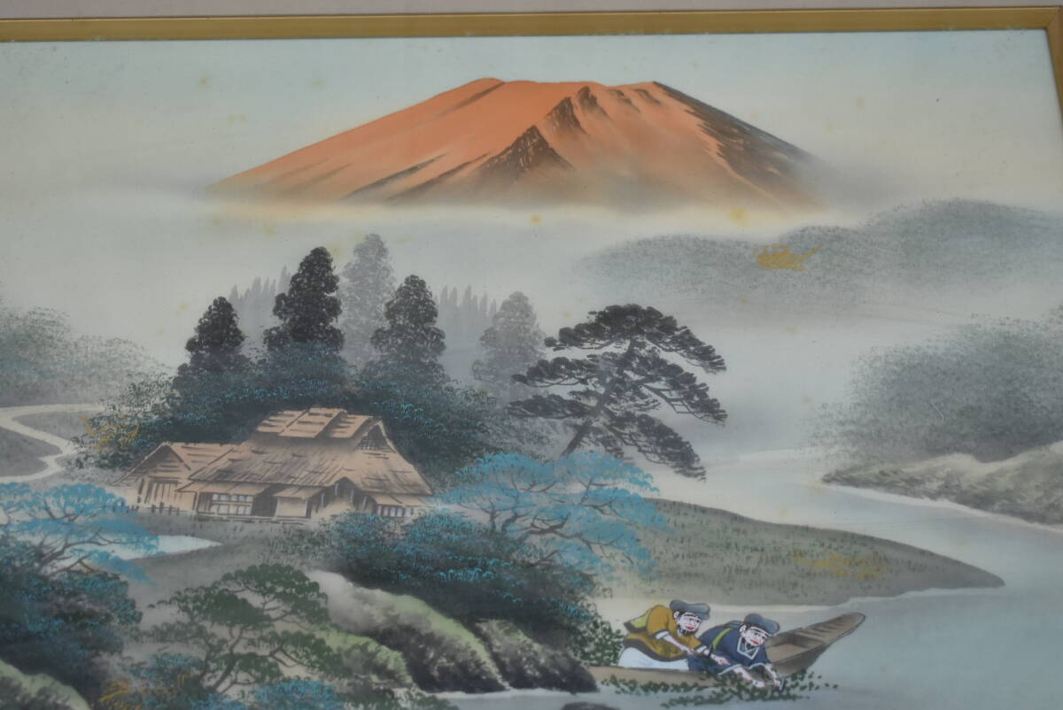 Qm143 landscape painting river side large mountain mountain Mt Fuji wooden amount antique old . old tool picture length 47cm width 56.5cm 120 size 