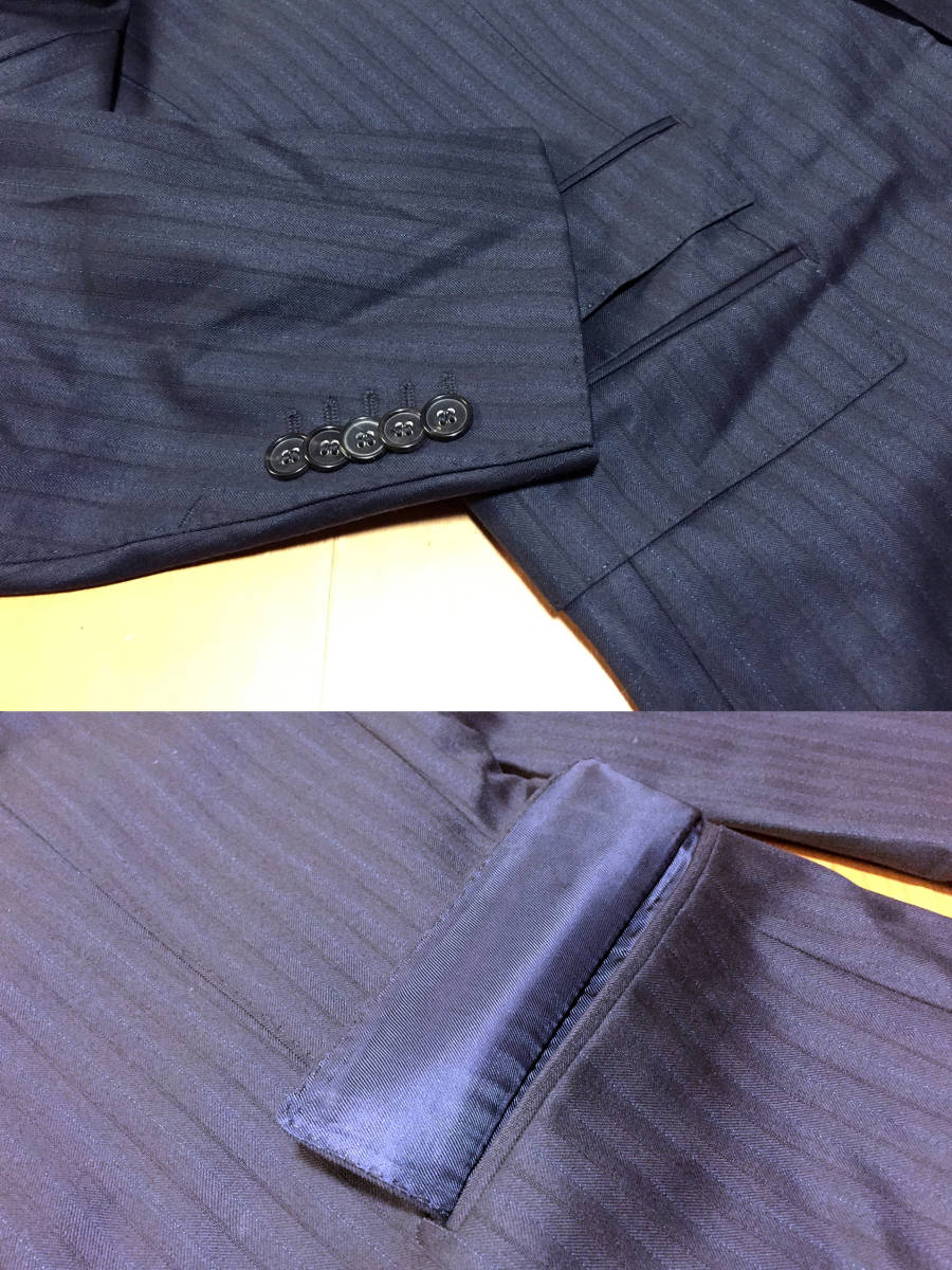 最終です！ クリーニング済み! セミオーダー! HUGO BOSS ヒューゴ ボス 紺ネイビー チョークストライプ セットアップにて M～Lサイズ相当_ポケットは縫製のままです。