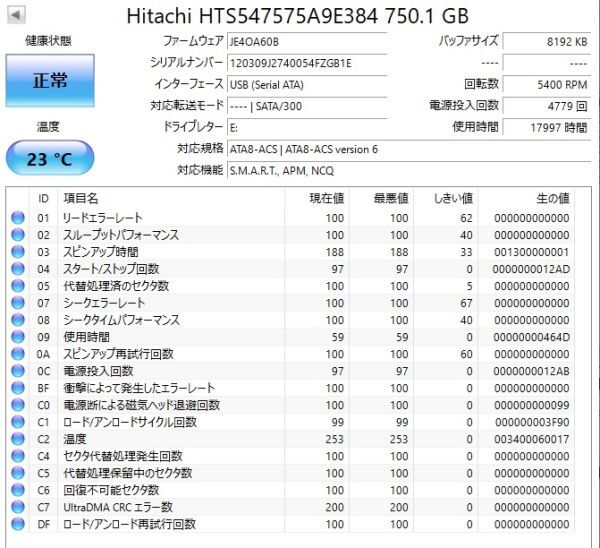 【使用時間17997時間】日立 750GB HDD HTS547575A9E384 2.5インチ 9.5mm厚 CrystalDiskInfo正常判定【GB1E】_画像2