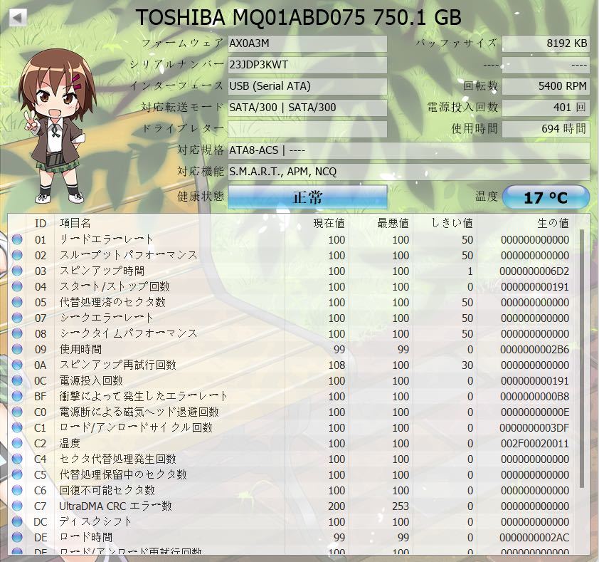 東芝　2.5インチ　750GB 使用時間少ない_画像2