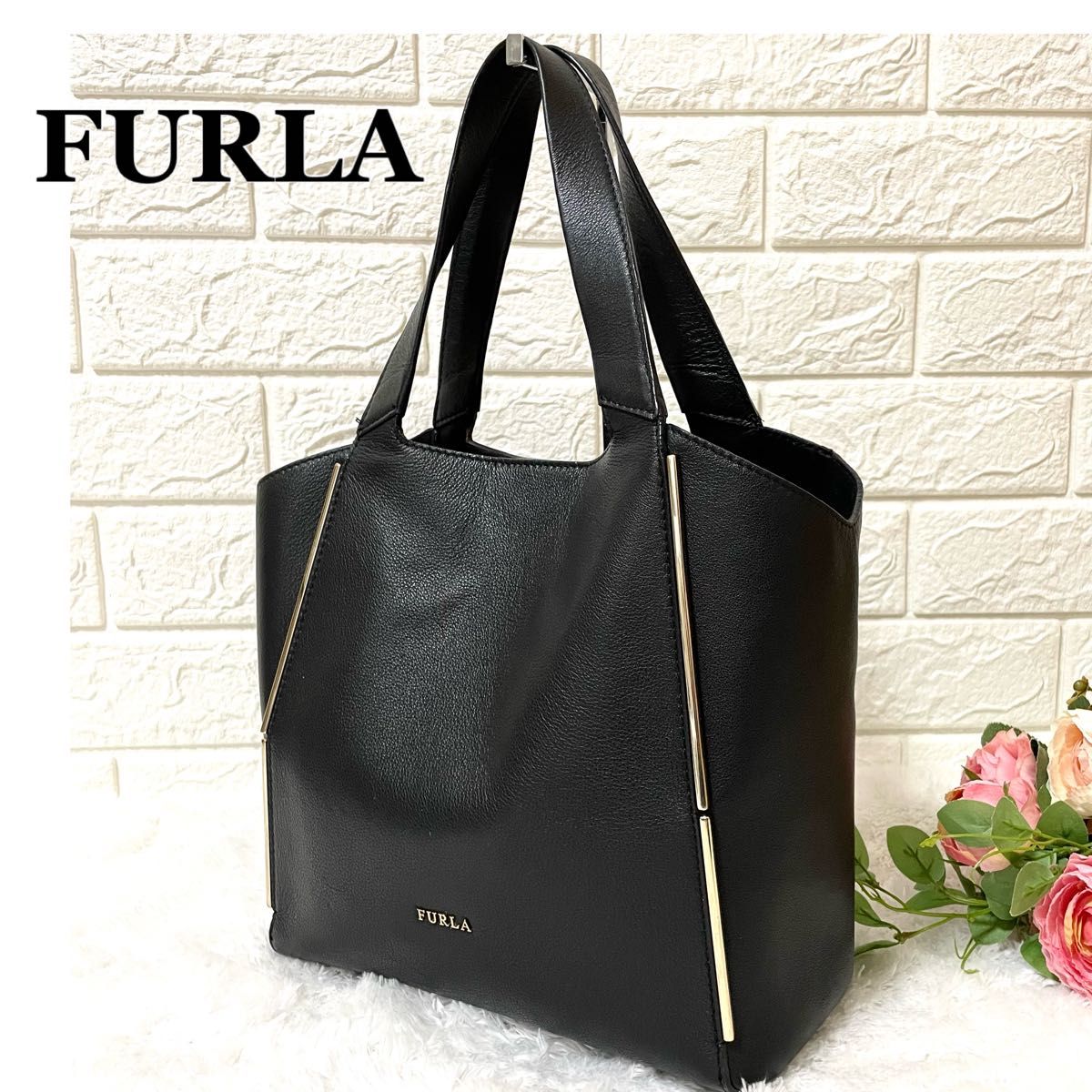 【外観美品】FURLA フルラ レザー ハンドバッグ ブラック トートバッグ 