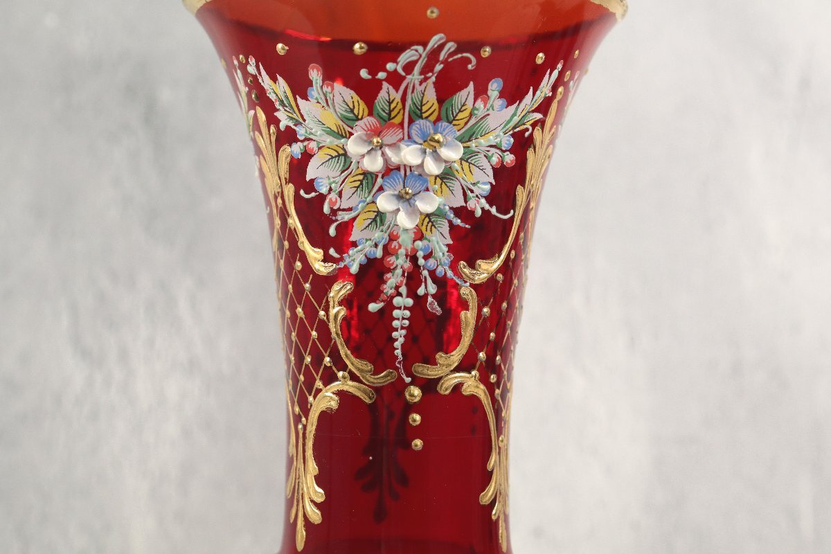 イタリア Laguna MURANO ラグーナムラノ ガラス 金彩エナメル 花瓶 フラワーベース 赤_画像5