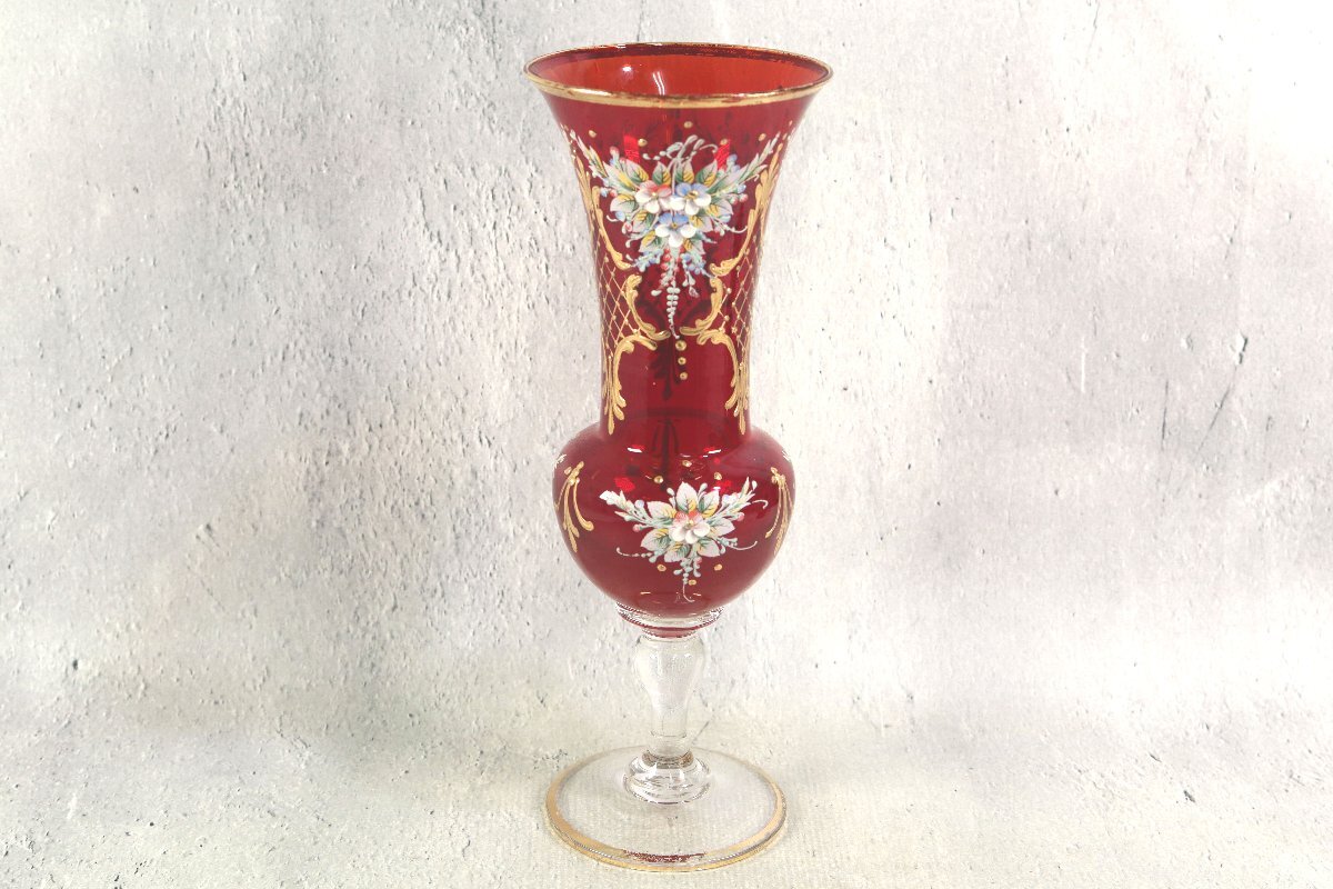 イタリア Laguna MURANO ラグーナムラノ ガラス 金彩エナメル 花瓶 フラワーベース 赤の画像1