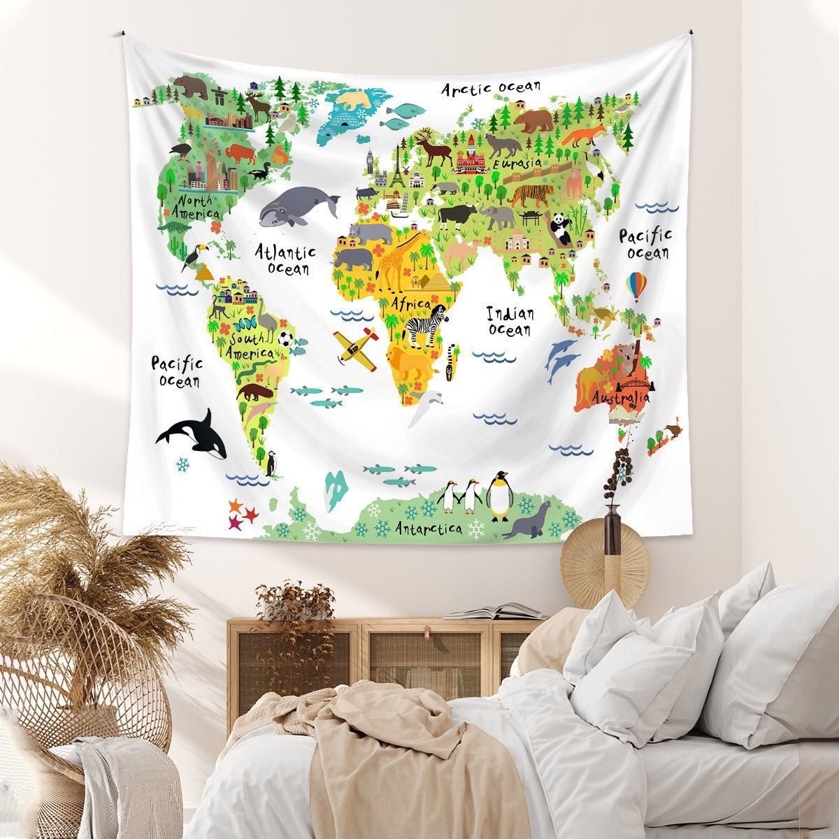 世界地図 タペストリー 可愛い動物 子供部屋 インテリア 布製 150×130 リビング お勉強 布製 現代