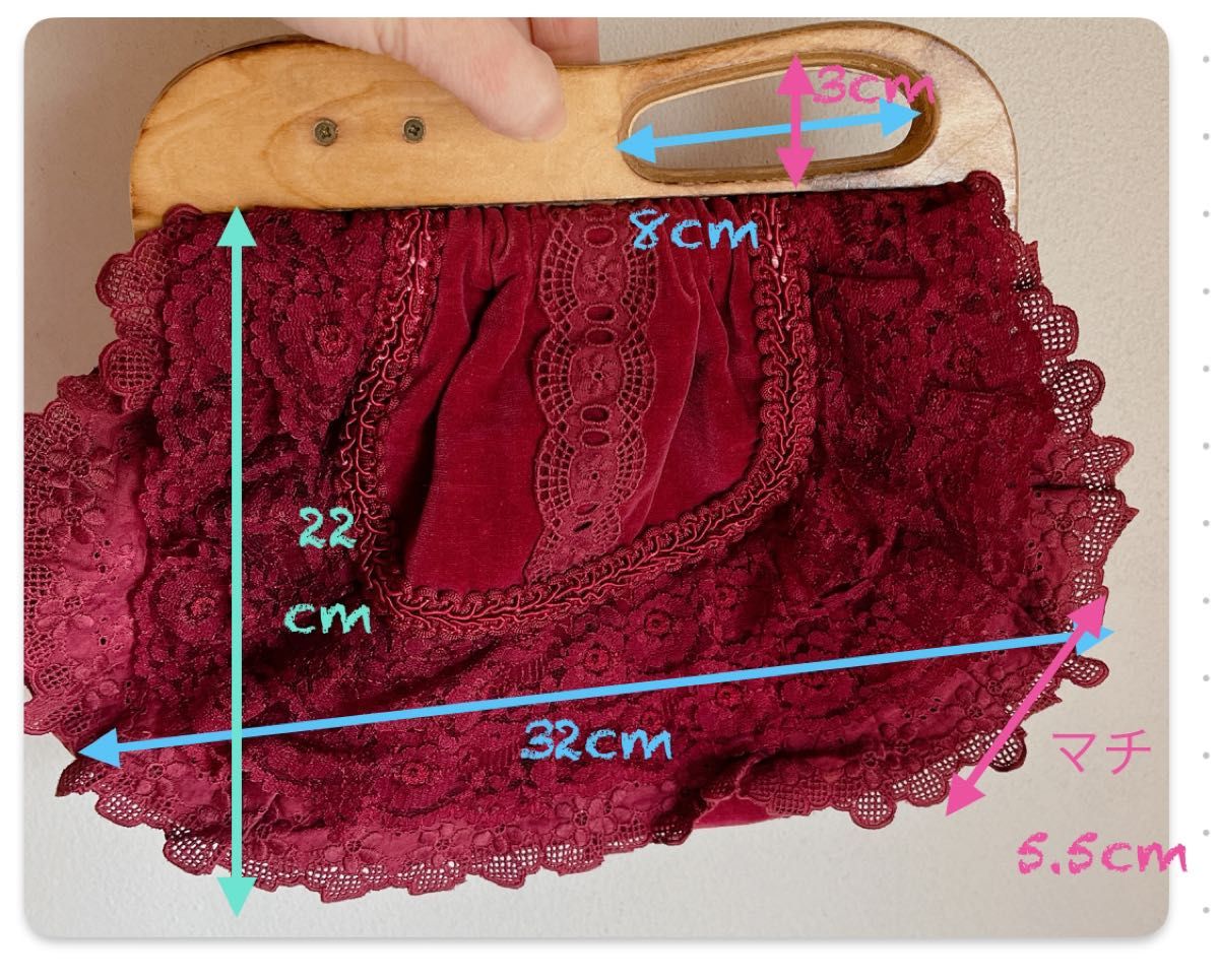 クラッチバッグ ハンドバッグ ウッド素材 木製 持ち手 ワインレッド レッド系 レース 昭和レトロ かわいい アンティーク 秋冬春