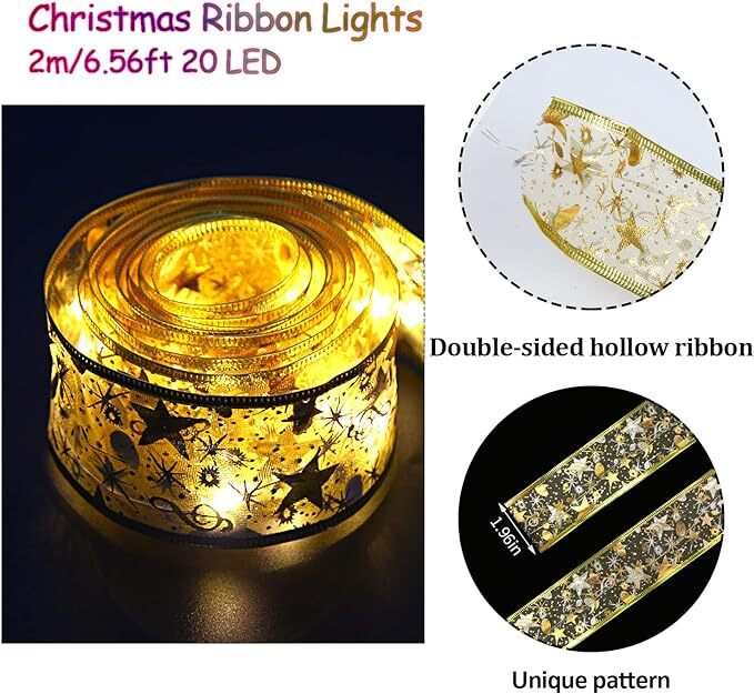 ◆ 発光リボン クリスマスツリー 飾り 2M DIY用 手芸 電飾リ 電池式 2メートル ゴールド 暖かい光