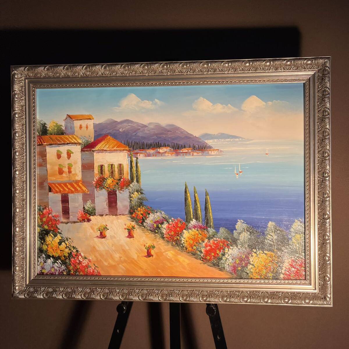 手書き油絵 地中海の風景 絵画 額付き インテリア 油彩画