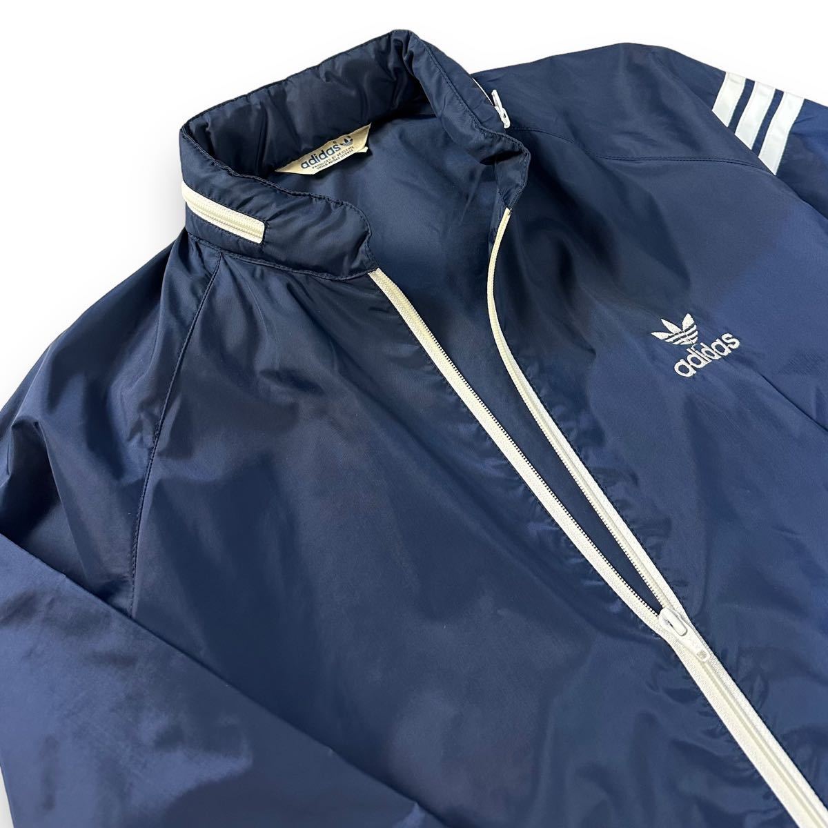 【希少品】adidas original アディダス ヴィンテージ ナイロン ジャケット フード収納 ネイビー ホワイト デサント製 80s Mサイズ