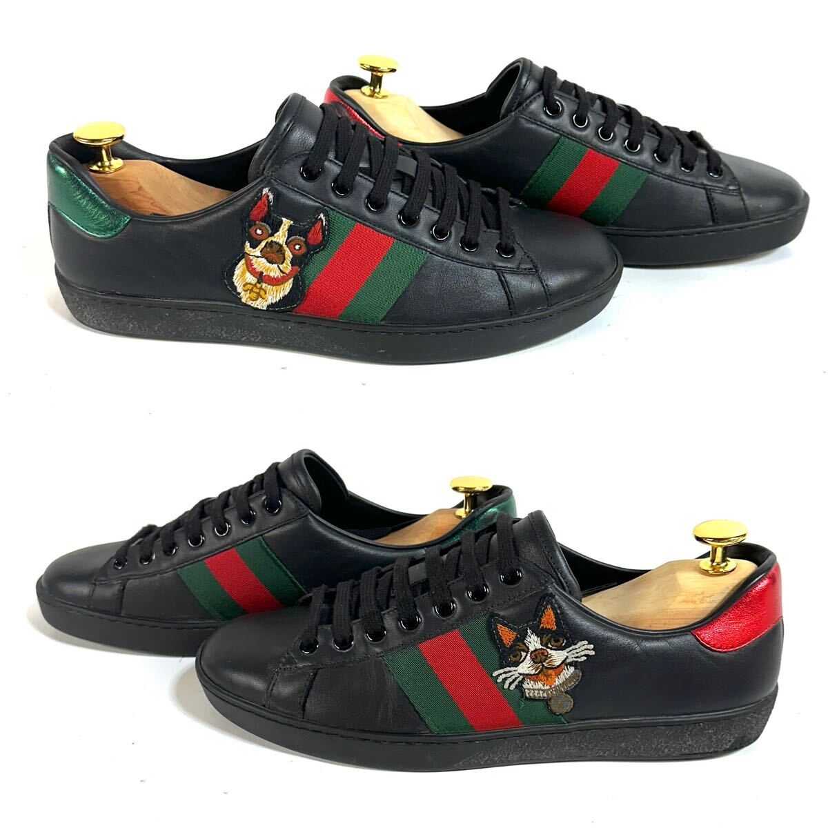 【美品】GUCCI グッチ シェリーライン エース エンブロイダリー ドッグ キャット 601907 レザー スニーカー ブラック 5 1/2 イタリア製_画像5