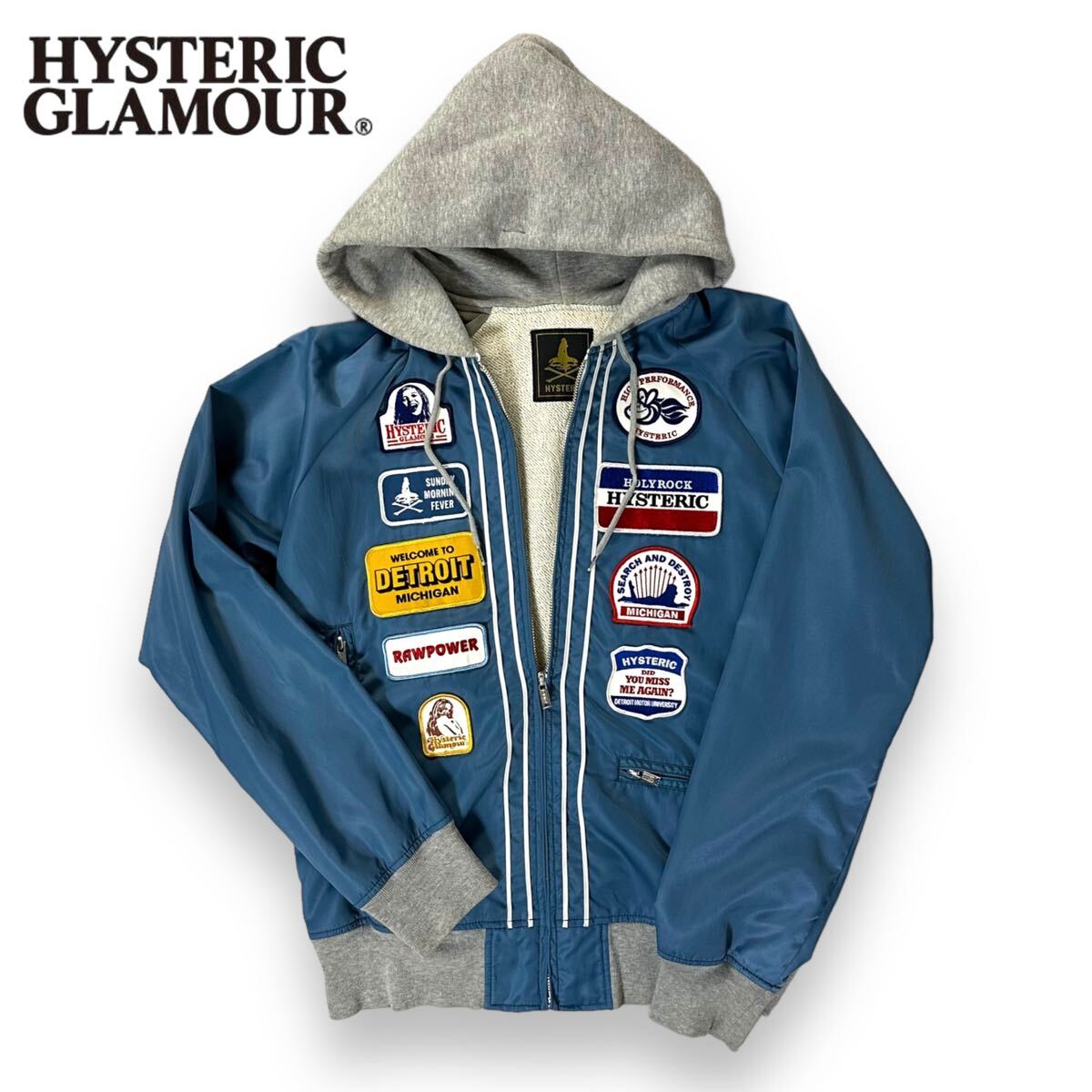 【美品】HYSTERIC GLAMOUR ヒステリックグラマー ワッペン フーデッド レーシング ナイロン ジャケット パーカー グレー ブルー Mサイズの画像1