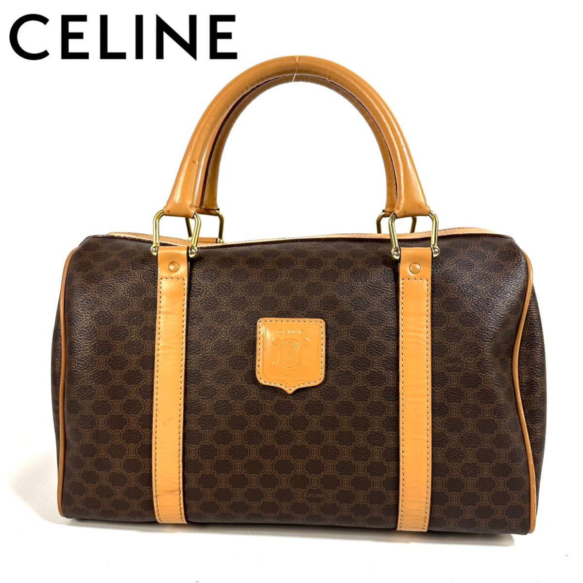 【美品】CELINE セリーヌ トリオンフ マカダム柄 PVC レザー ハンドバッグ ミニ ボストン バッグ ブラウン ゴールド金具 イタリア製の画像1