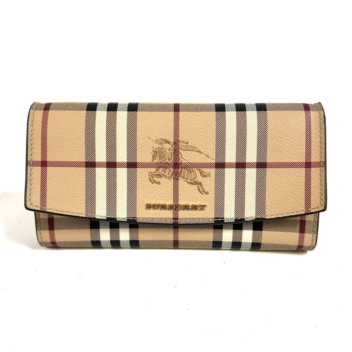 【美品】BURBERRY バーバリー 二つ折り 長財布 ノバチェック PVC レザー コインケース有 ベージュ ゴールド金具の画像2