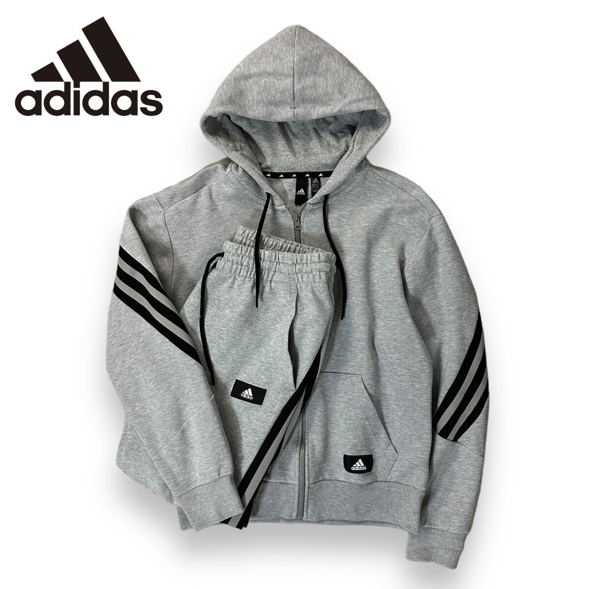 【美品】adidas アディダス パフォーマンス ロゴ スリーストライプス スウェット パーカー パンツ 上下セット ジャージ グレー Lサイズ