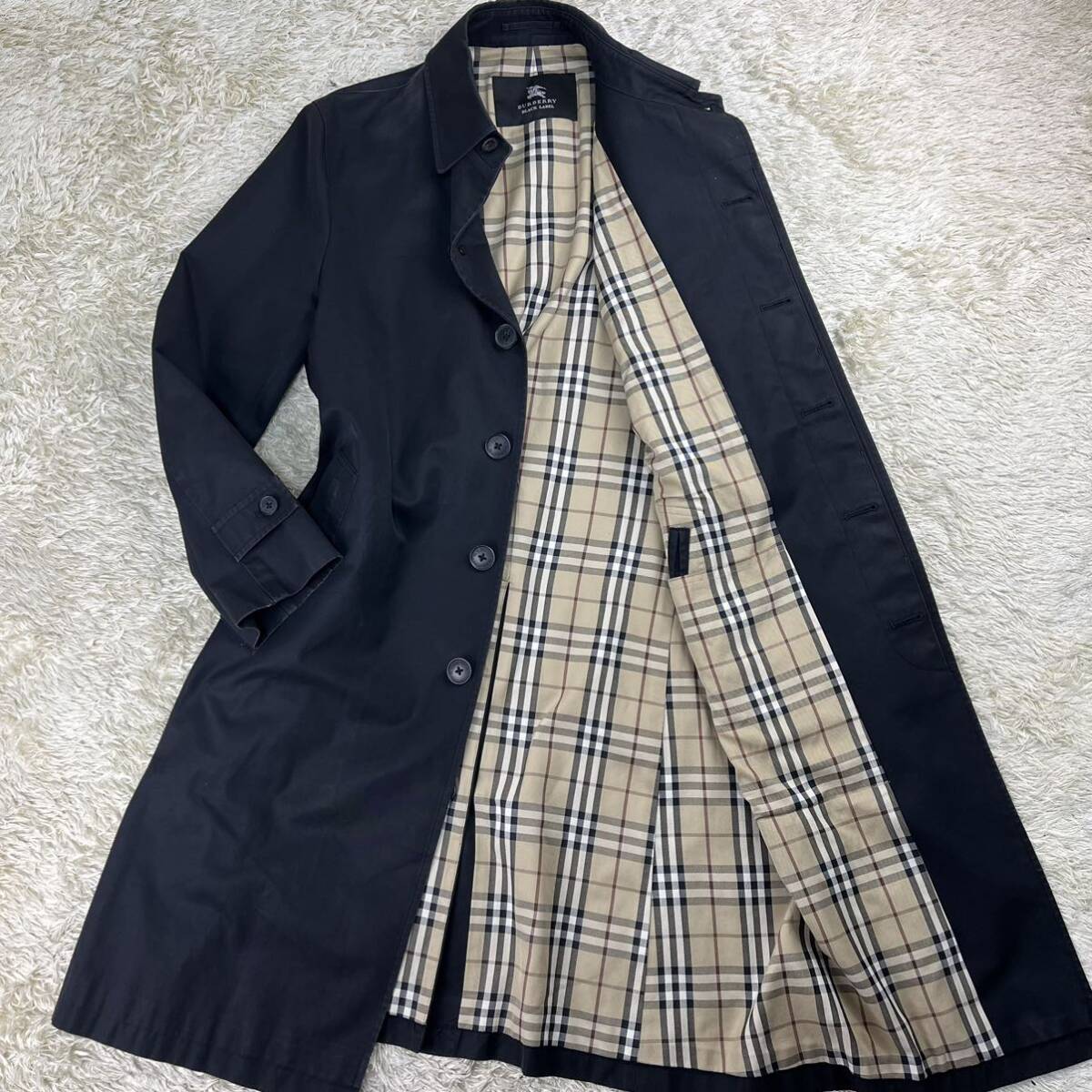 美品 バーバリーブラックレーベル ステンカラーコート ノバチェック ロング丈 黒 ブラック ロングコート メンズ BURBERRY BLACK LABEL_画像1