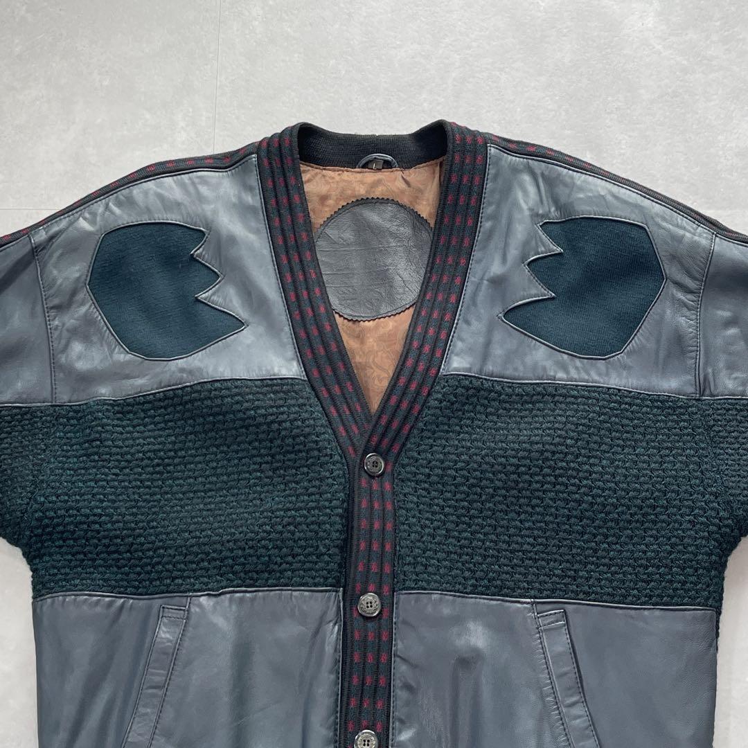 ラムレザー使用 個性派デザイン ニット切り替えジャケット ブルゾン L 古着