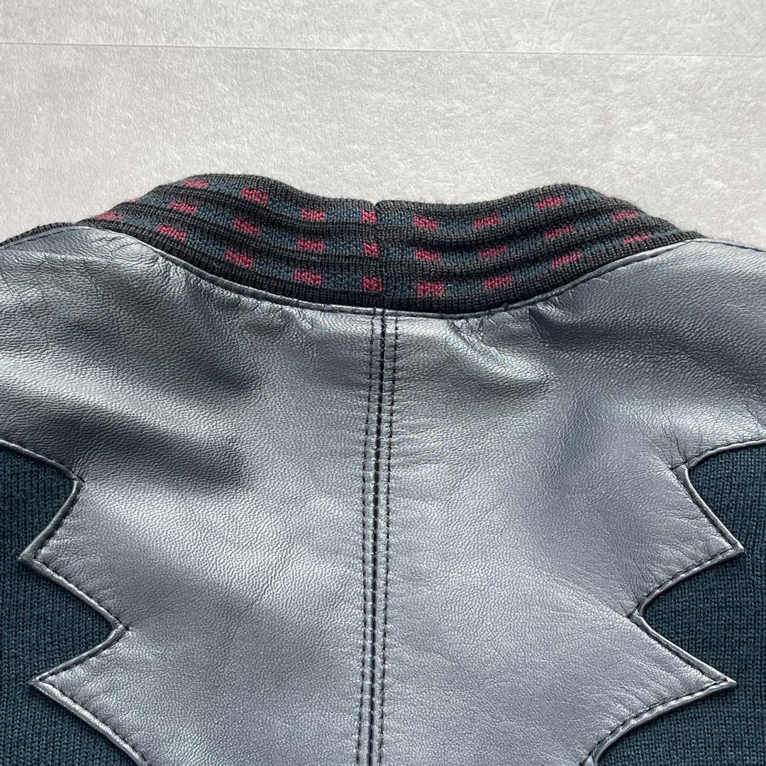 ラムレザー使用 個性派デザイン ニット切り替えジャケット ブルゾン L 古着