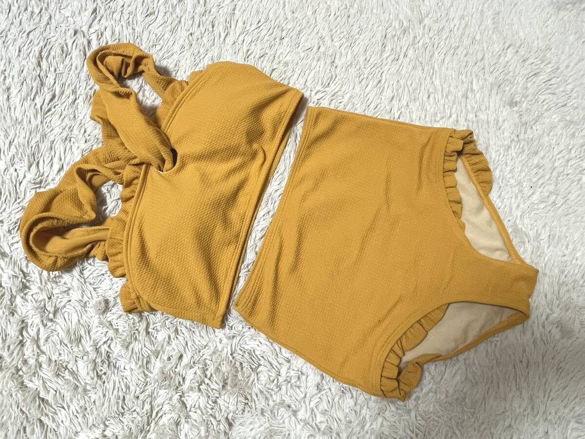 * lady's swimsuit L* waffle dent convex cloth | high waist swimsuit pants * bikini : mustard Karashi yellow 
