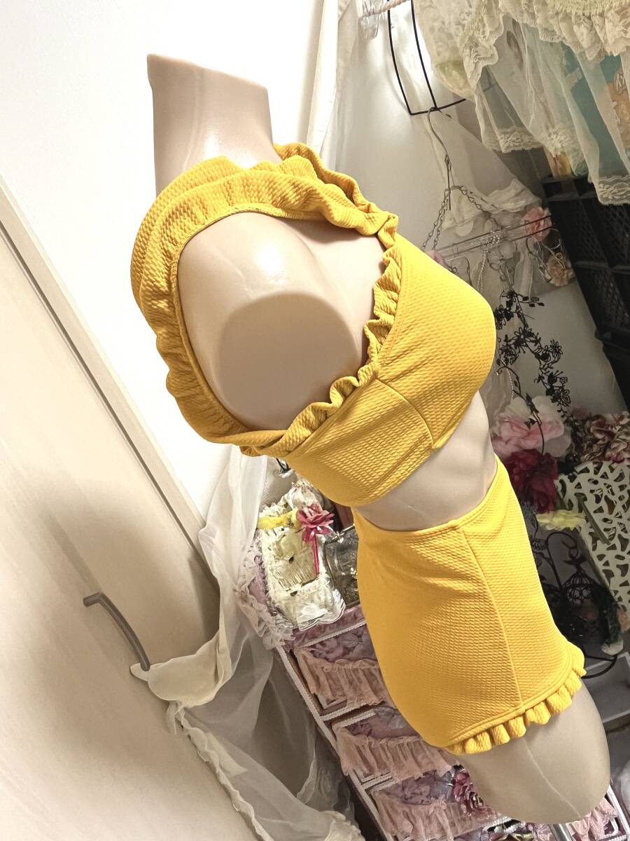 * lady's swimsuit L* waffle dent convex cloth | high waist swimsuit pants * bikini : mustard Karashi yellow 