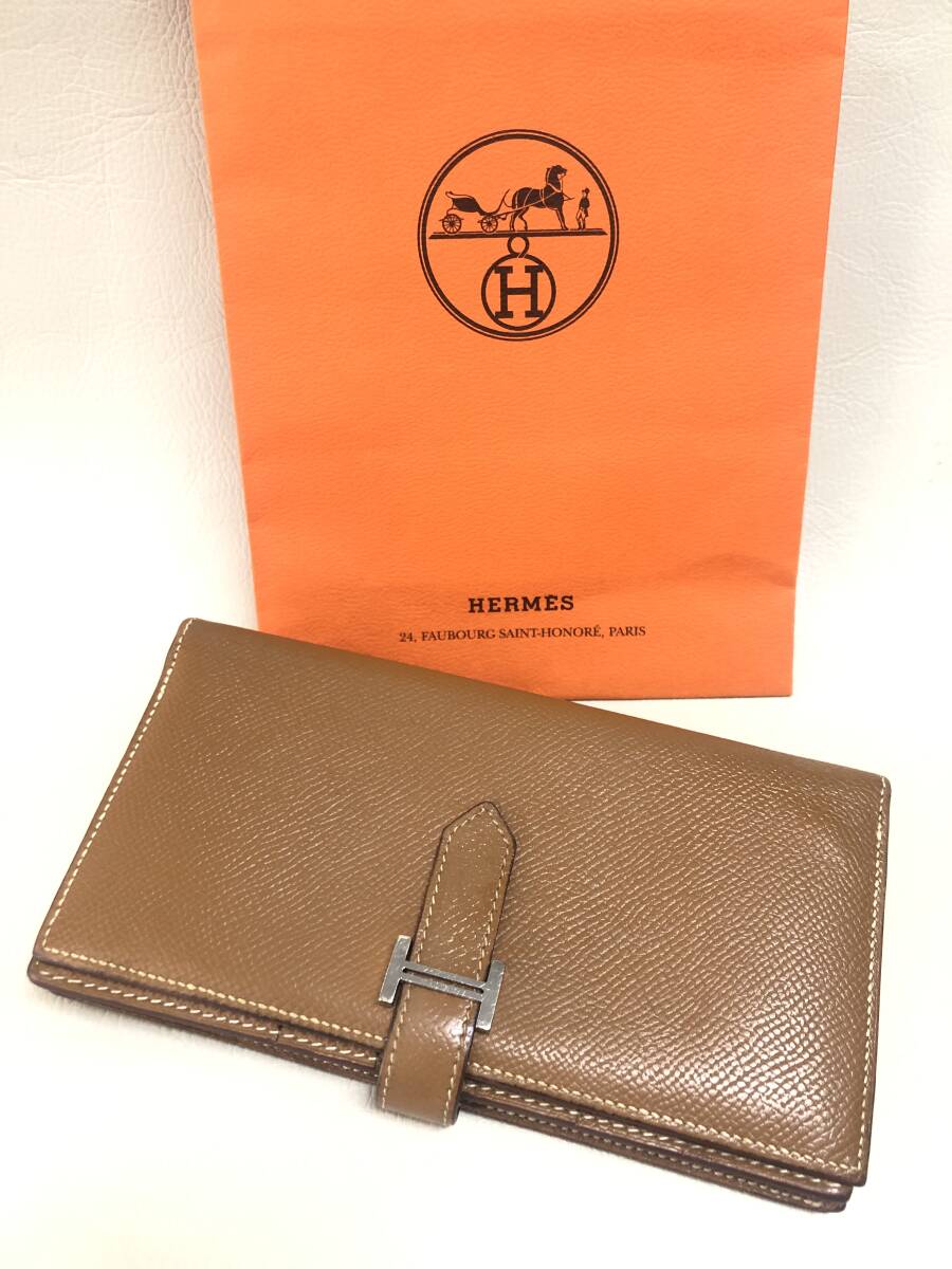 美品●HERMES●エルメス ベアン スフレ キャメル ブラウン 長財布 ロングウォレット レディース 袋付 二つ折り マチ付き_画像2