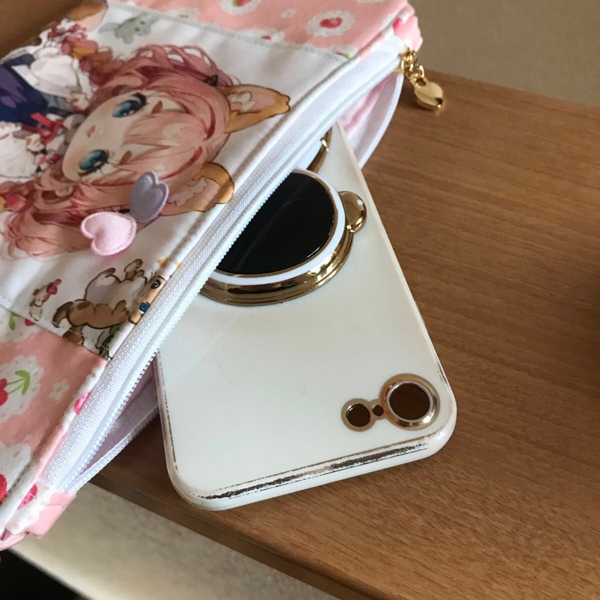 猫耳女の子 いちごミニポーチ スマホ長財布　マルチカート小銭小物薬化粧品道具入れ　通帳ケース薬手帳ケース　誕生日プレゼント