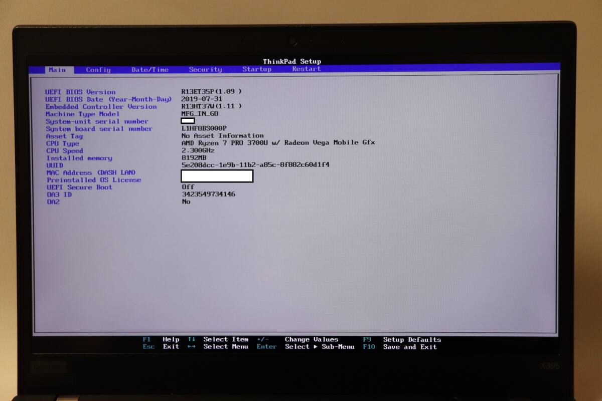 M454. Lenovo / ThinkPad X395 / AMD Ryzen 7 PRO 3700U / 8GBメモリ / SSDなし / 通電確認・ジャンク_画像5