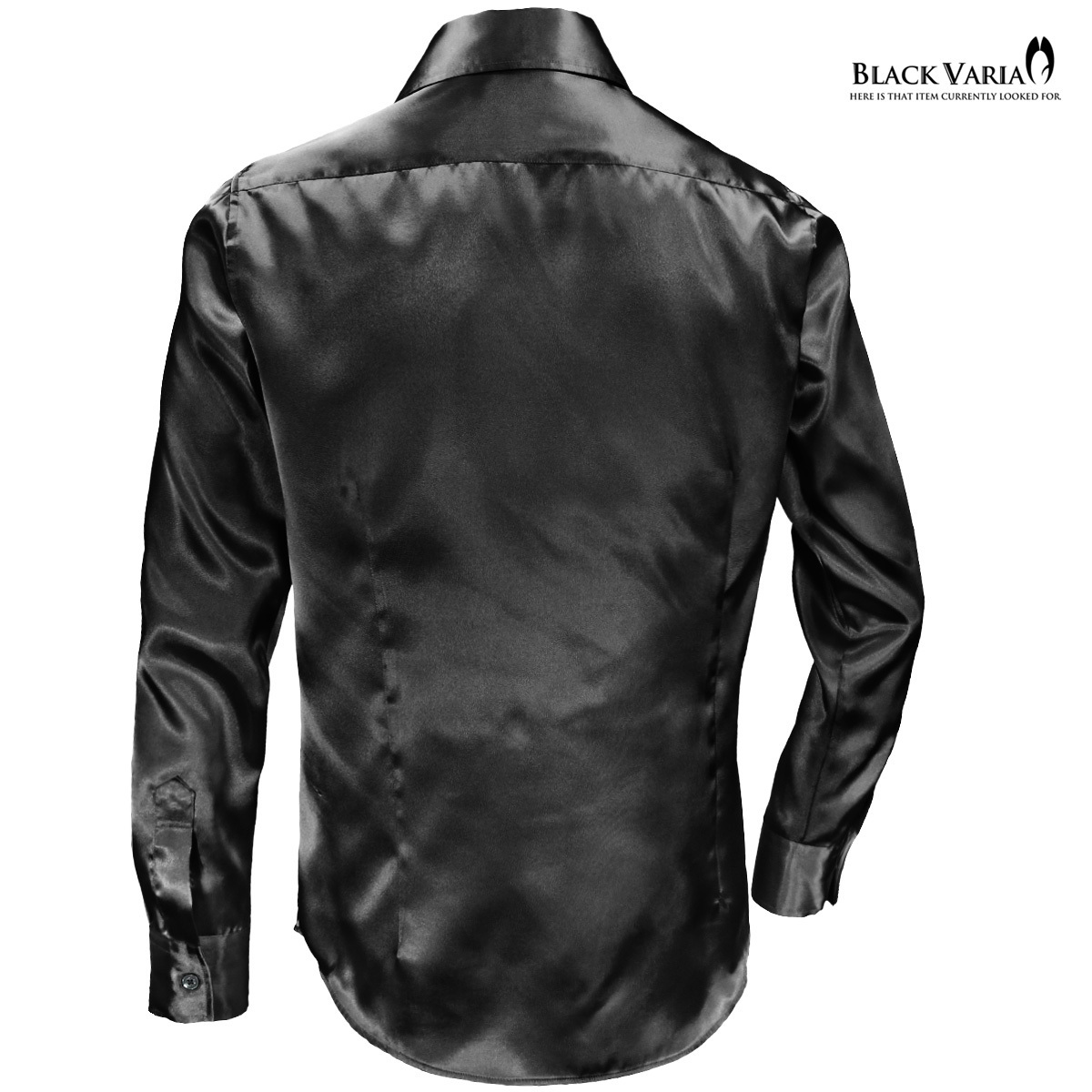 ネコポス可★141405-bk BLACK VARIA 光沢サテン 無地 スリム レギュラーカラードレスシャツ メンズ(サテンブラック黒) SS 衣装_画像3