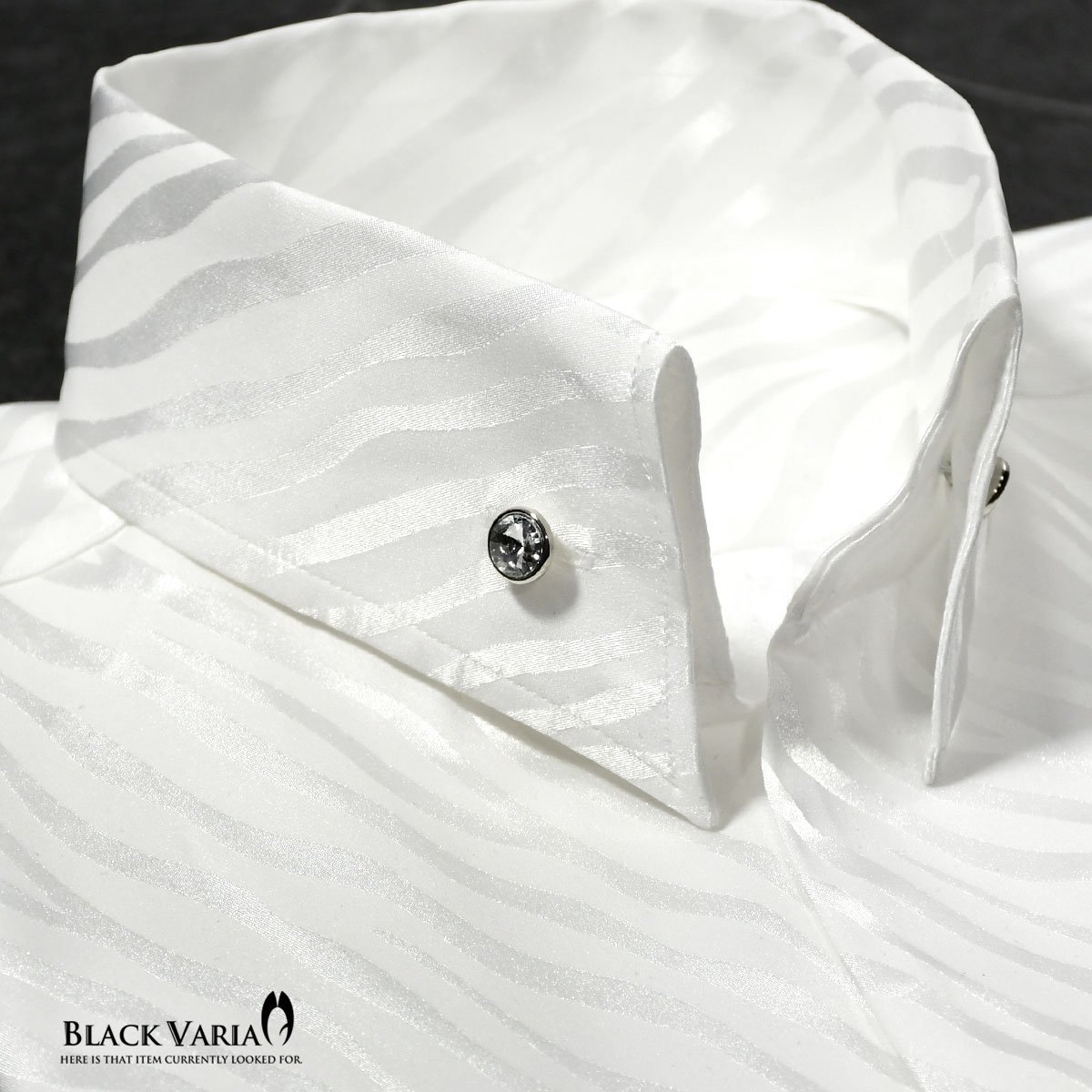 181724-wh BlackVaria サテンシャツ ドレスシャツ スキッパー ゼブラ柄 ジャガード ボタンダウン スリム メンズ(ホワイト白) L パーティー_画像1