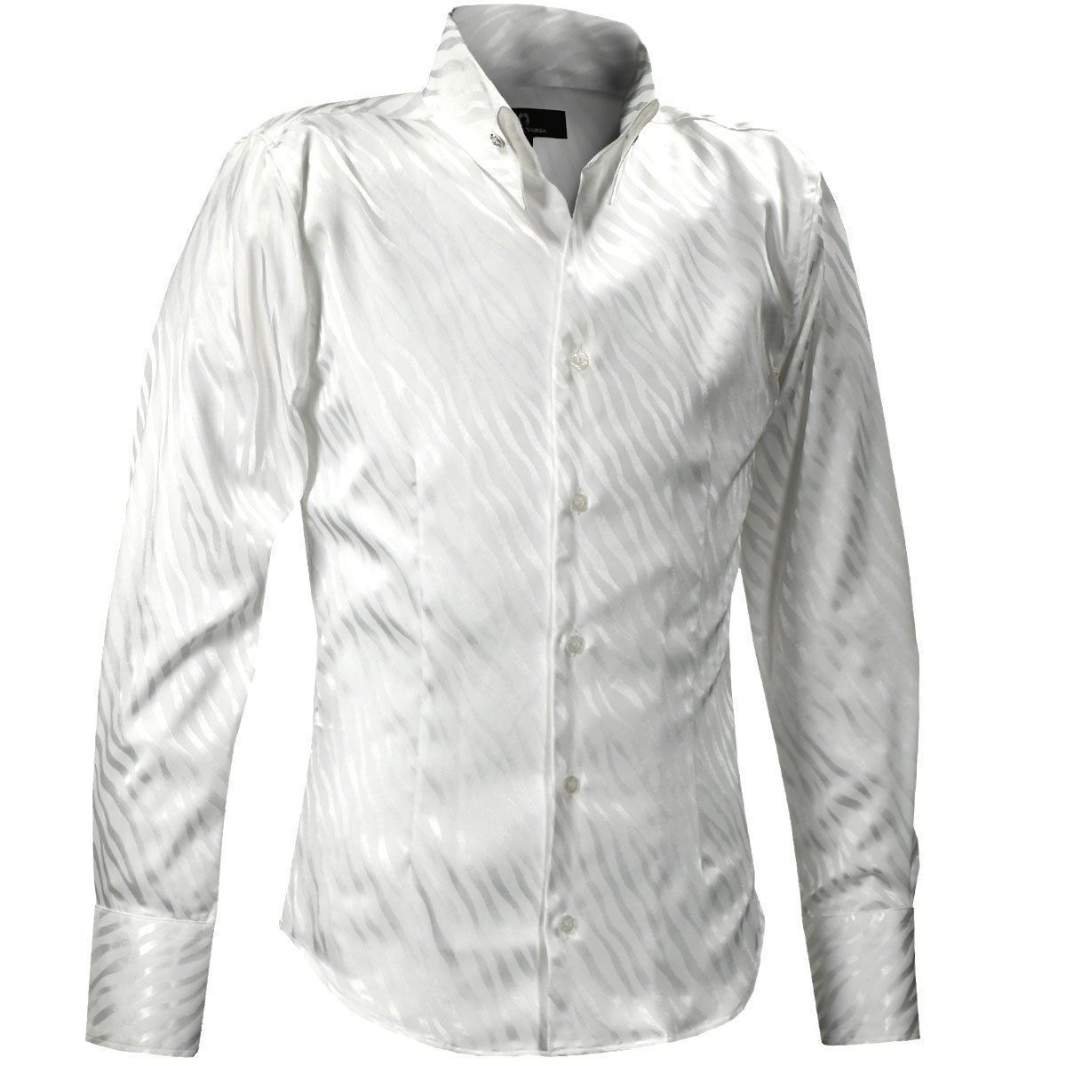 181724-wh BlackVaria サテンシャツ ドレスシャツ スキッパー ゼブラ柄 ジャガード ボタンダウン スリム メンズ(ホワイト白) L パーティー_画像7