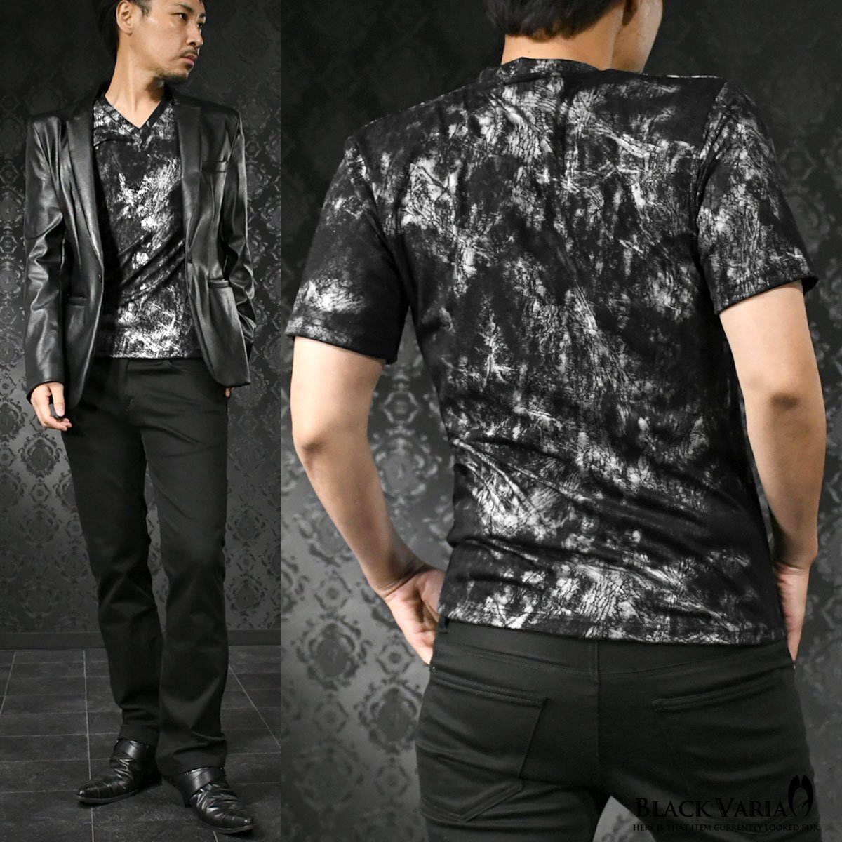 183702-bksi BlackVaria Tシャツ ムラ柄 箔 Vネック 光沢 日本製 ストレッチ 細身 半袖T メンズ(ブラック黒シルバー銀) ワイルド M_画像3