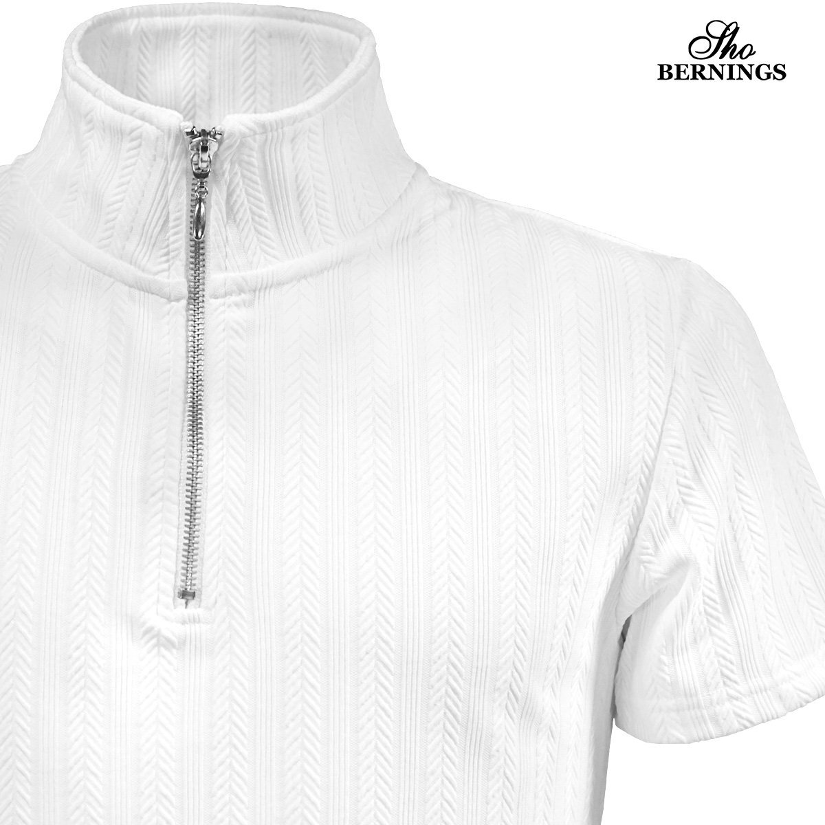 342742-01 ポロシャツ ハーフジップ ヘリンボーン 半袖 無地 ジャガード ストレッチ Tシャツ メンズ(ホワイト白) シンプル 織柄 M_画像3
