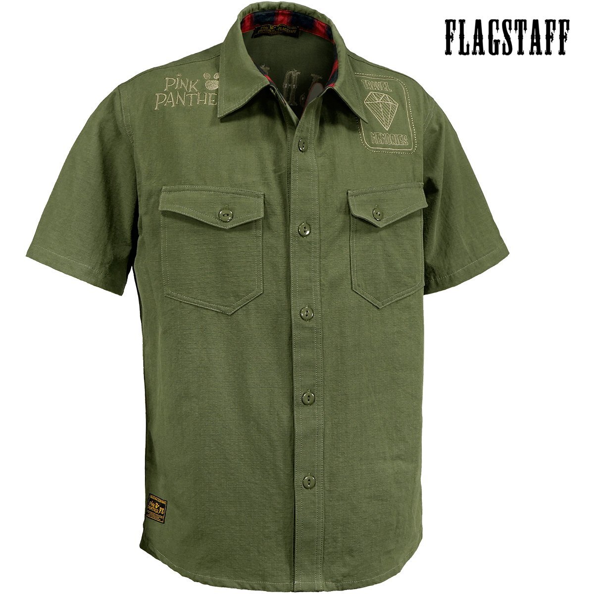 432044-85 ピンクパンサー PINK PANTHER ワークシャツ リップストップ mens メンズ サーフボード 半袖シャツ(カーキ緑) FLAG STAFF XL_画像3