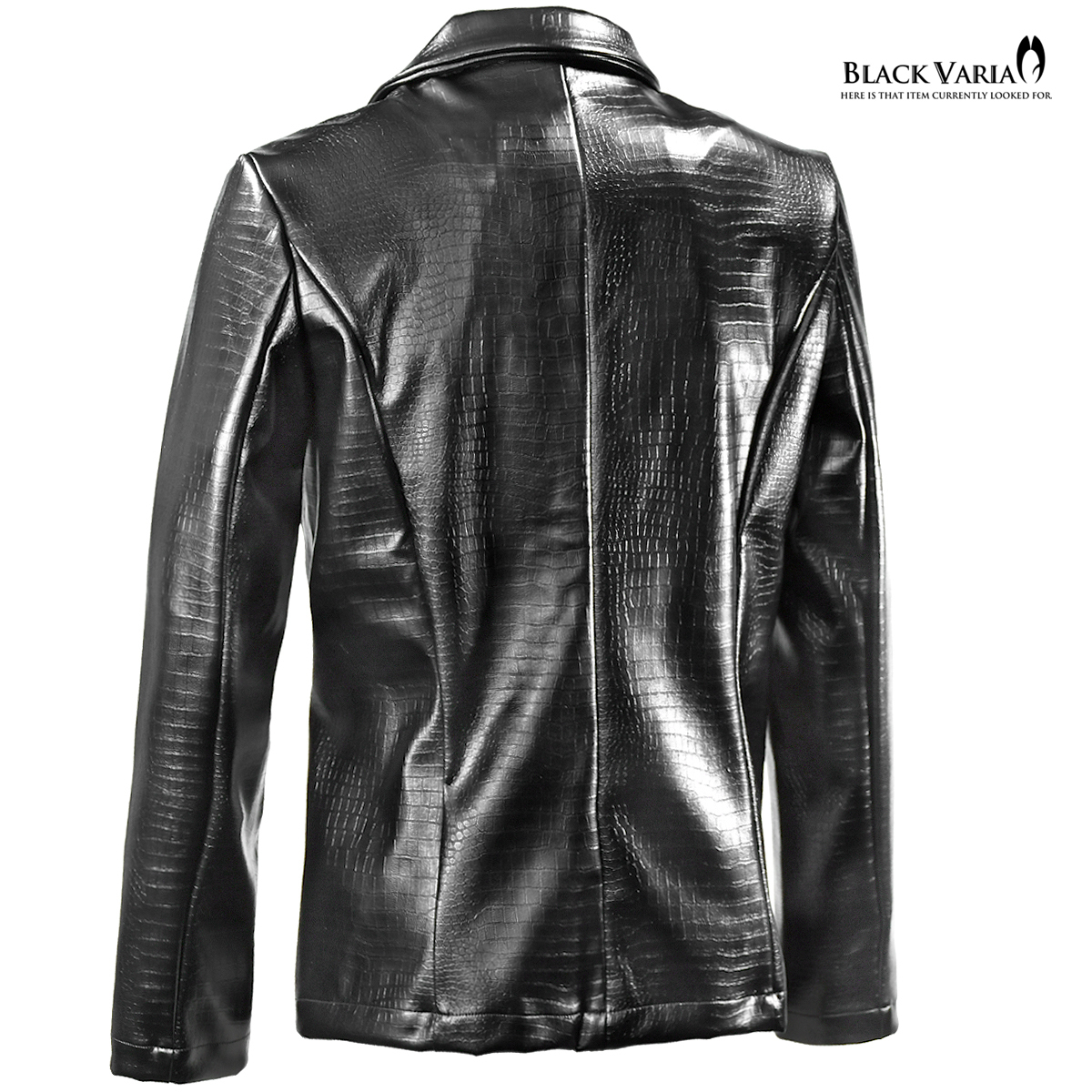 3#201250-bk BLACK VARIA PUレザー クロコダイル柄 1釦 ノッチドラペル テーラードジャケット メンズ(ブラック黒) M 合皮 型押し 裏地なし_画像3