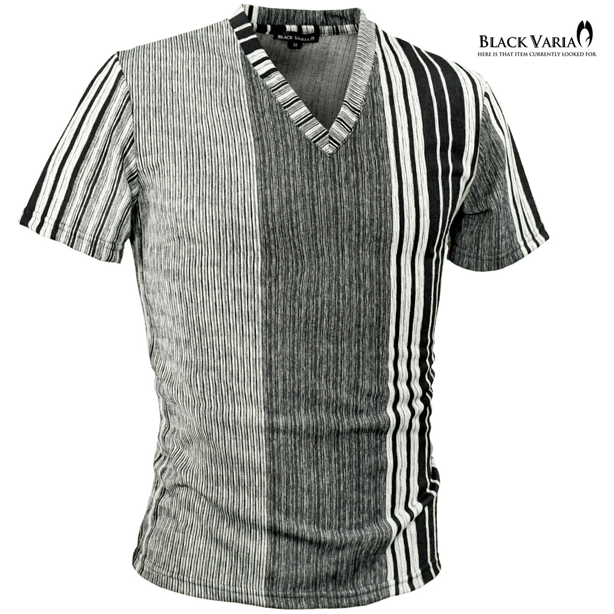 9#203303-bk BLACK VARIA ジャガード アシメ配色ストライプ 半袖 Vネック Tシャツ メンズ(ホワイト白ブラック黒) L スリム 日本製 きれいめ_画像1