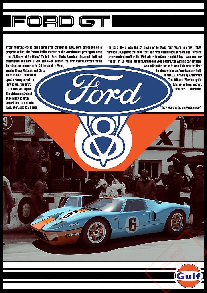 ポスター★フォードGT40 1966年 GULF アートポスター★フォードvsフェラーリ/キャロル・シェルビー_DO NOT COPYの文字は入りません