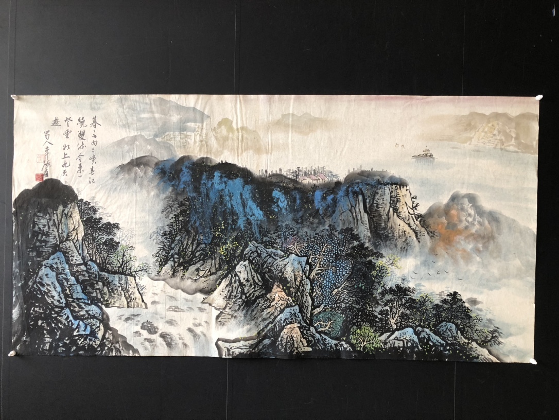 秘藏 近現代 張大千 中國國畫家 手描き 山水畫 橫幅畫 古美術 古美味 GP0328_画像1