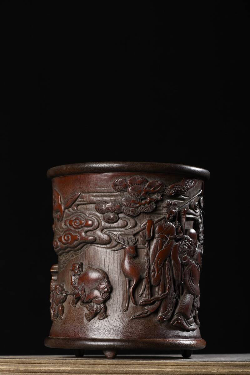 秘藏 清代 竹彫刻 南極仙人 筆筒 時代物 古玩 中国骨董 古美味 GP0319