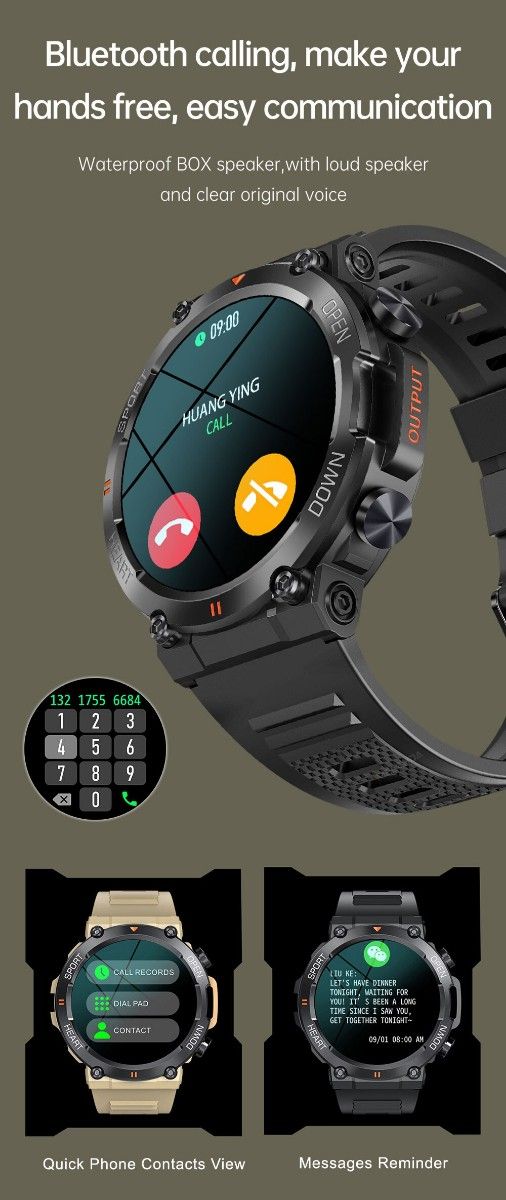 スマートウォッチ 新品未使用 1.39インチ 軍用規格 防塵防水 日本語 通話機能 メンズ腕時計 歩数計/心拍計/血圧計 ブラック