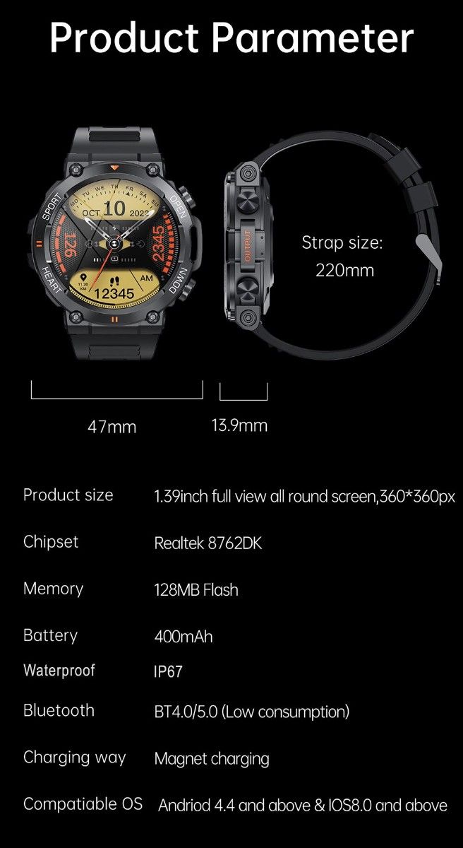 スマートウォッチ 新品未使用 1.39インチ 軍用規格 防塵防水 日本語 通話機能 メンズ腕時計 歩数計/心拍計/血圧計 ブラック