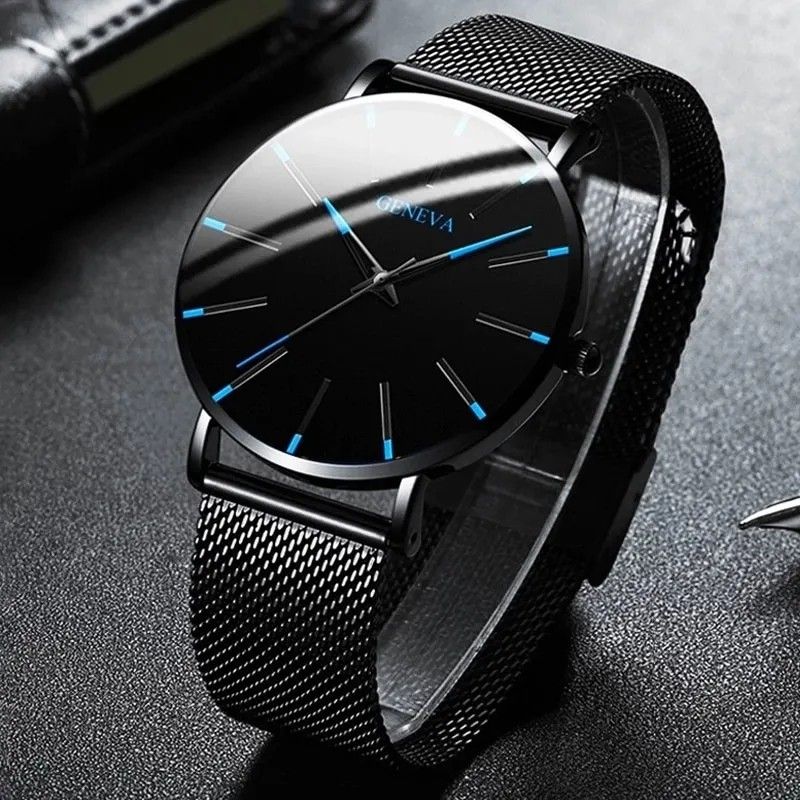 メンズ腕時計 新品未使用 アナログ GENEVA メッシュ 薄型 腕時計 ファッション クォーツ ウォッチ ブラック&ブルー