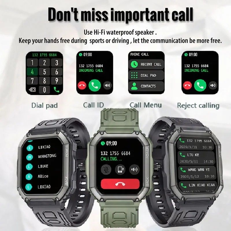 スマートウォッチ 新品未使用 軍用規格 防水 日本語対応 メンズ腕時計 通話機能付き 歩数/心拍/血圧計 バンド2個 ブラック