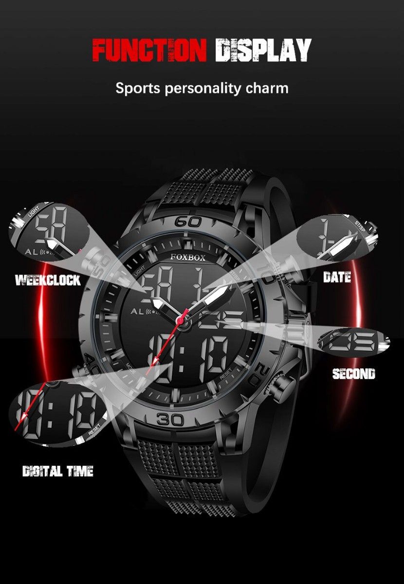 メンズ腕時計 新品未使用 FOXBOX アナログ デジタル ウォッチ 防水50M ミリタリー アナデジ デジアナ ダイバーズ
