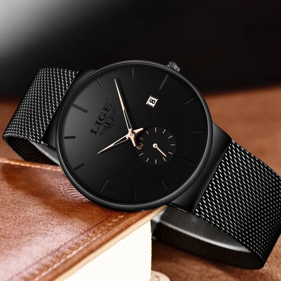 メンズ腕時計 アナログ 新品未使用 LIGE 高級ラグジュアリー 30M防水 薄型 ブラック&ゴールド